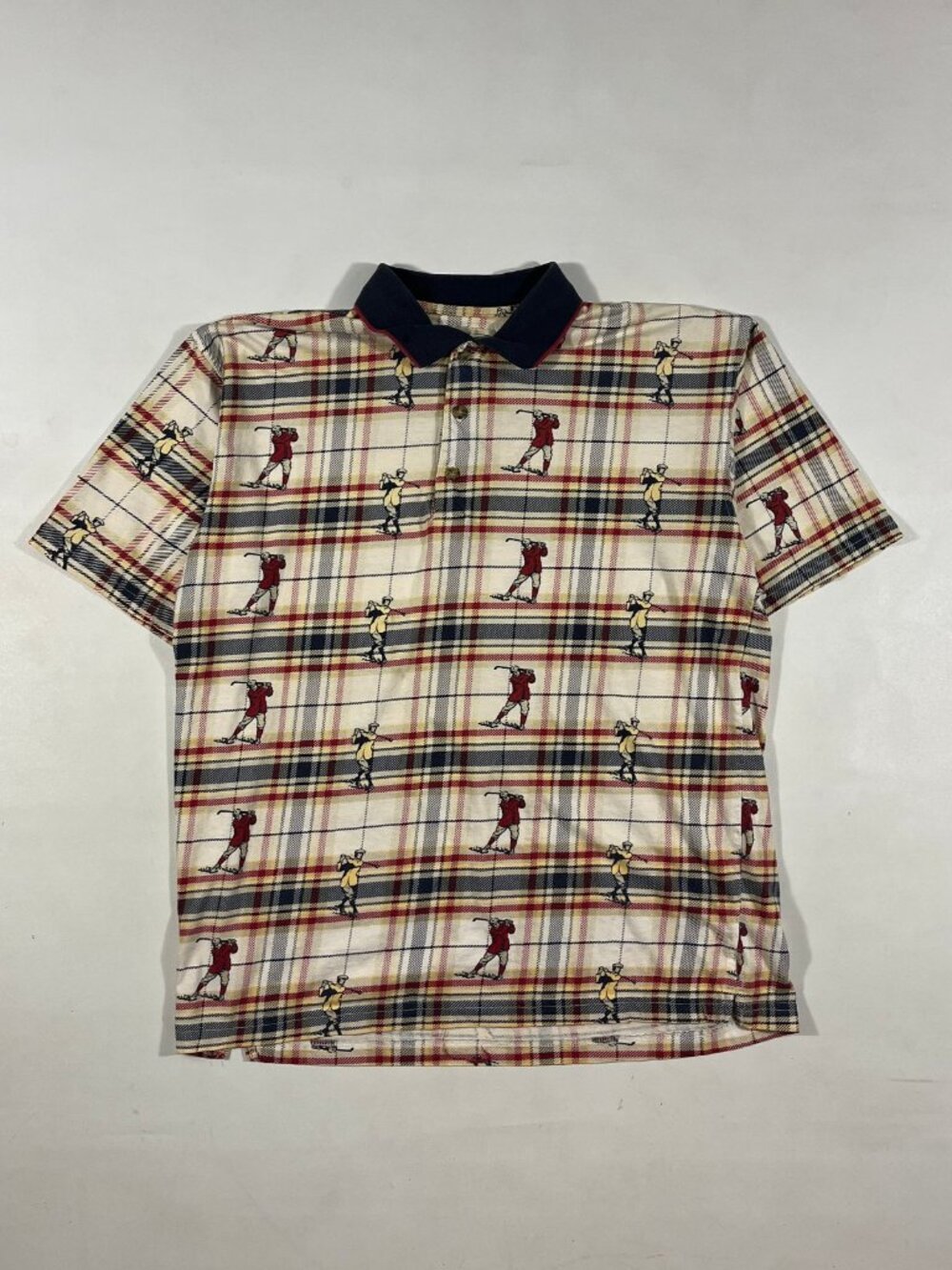 Vintage 90s Natural Issue Cream Plaid Golfer All Over Print Polo Shirt M